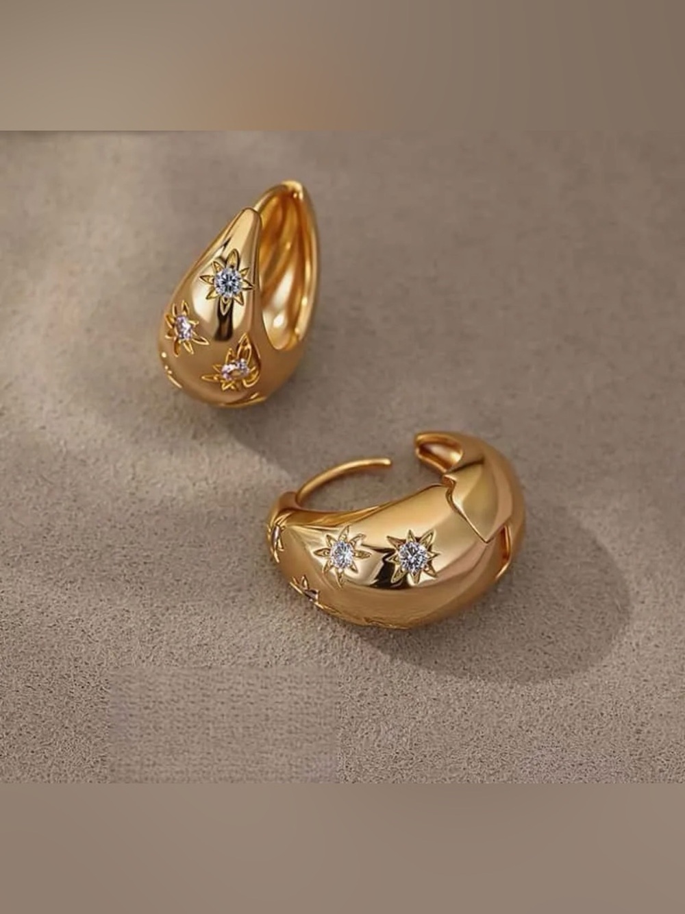 Gold Chunky Teardrop Huggie Hoop Earrings with Crystal Star Motifs